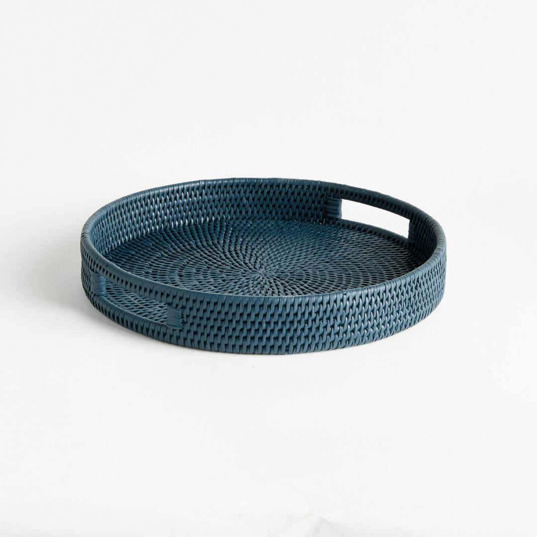 BURMA RATTAN ROUND SERVING TRAY - Dark Blue