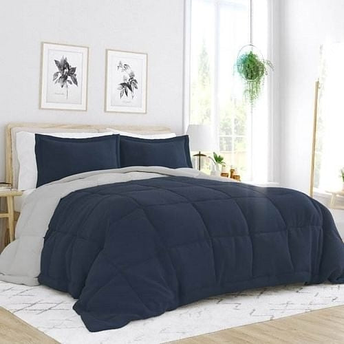 Full/Queen 3-Piece Microfiber Reversible Comforter Set in Navy Blue