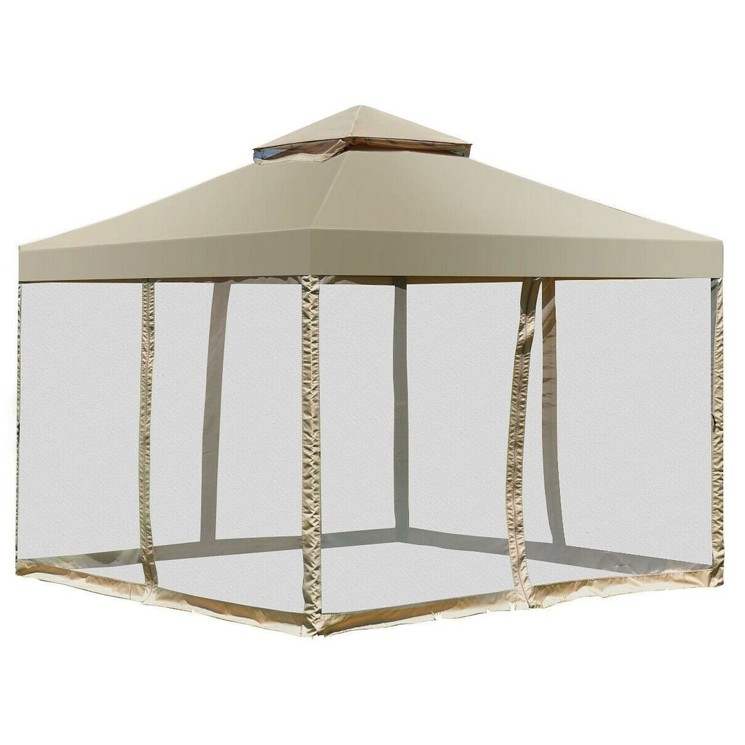 10 x 10 Ft Outdoor Gazebo with Tan Brown Polyester Canopy and Mesh