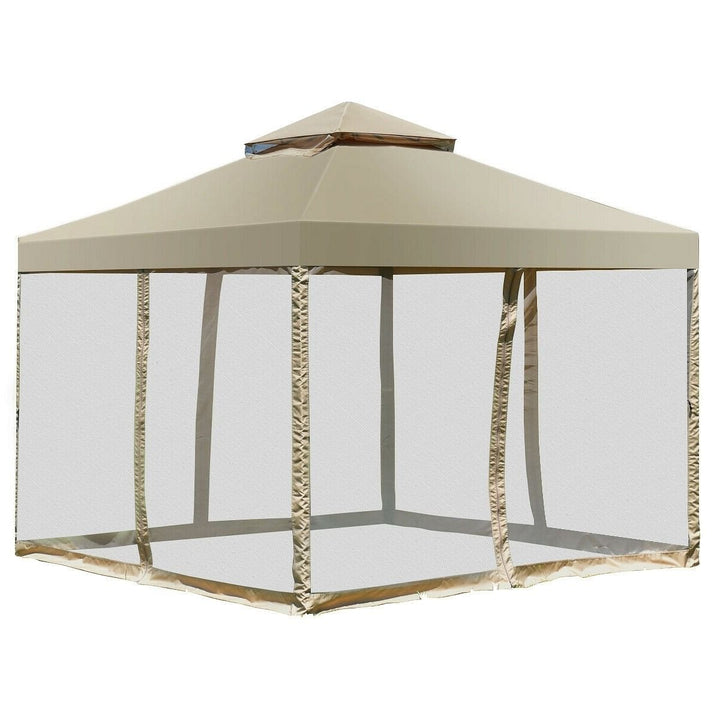 10 x 10 Ft Outdoor Gazebo with Tan Brown Polyester Canopy and Mesh