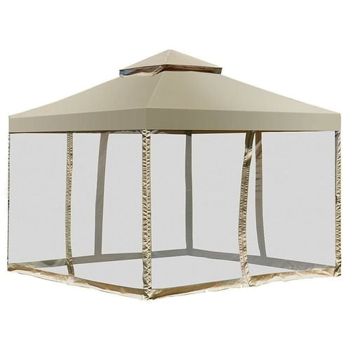 10 x 10 Ft Outdoor Gazebo with Tan Brown Polyester Canopy and Mesh