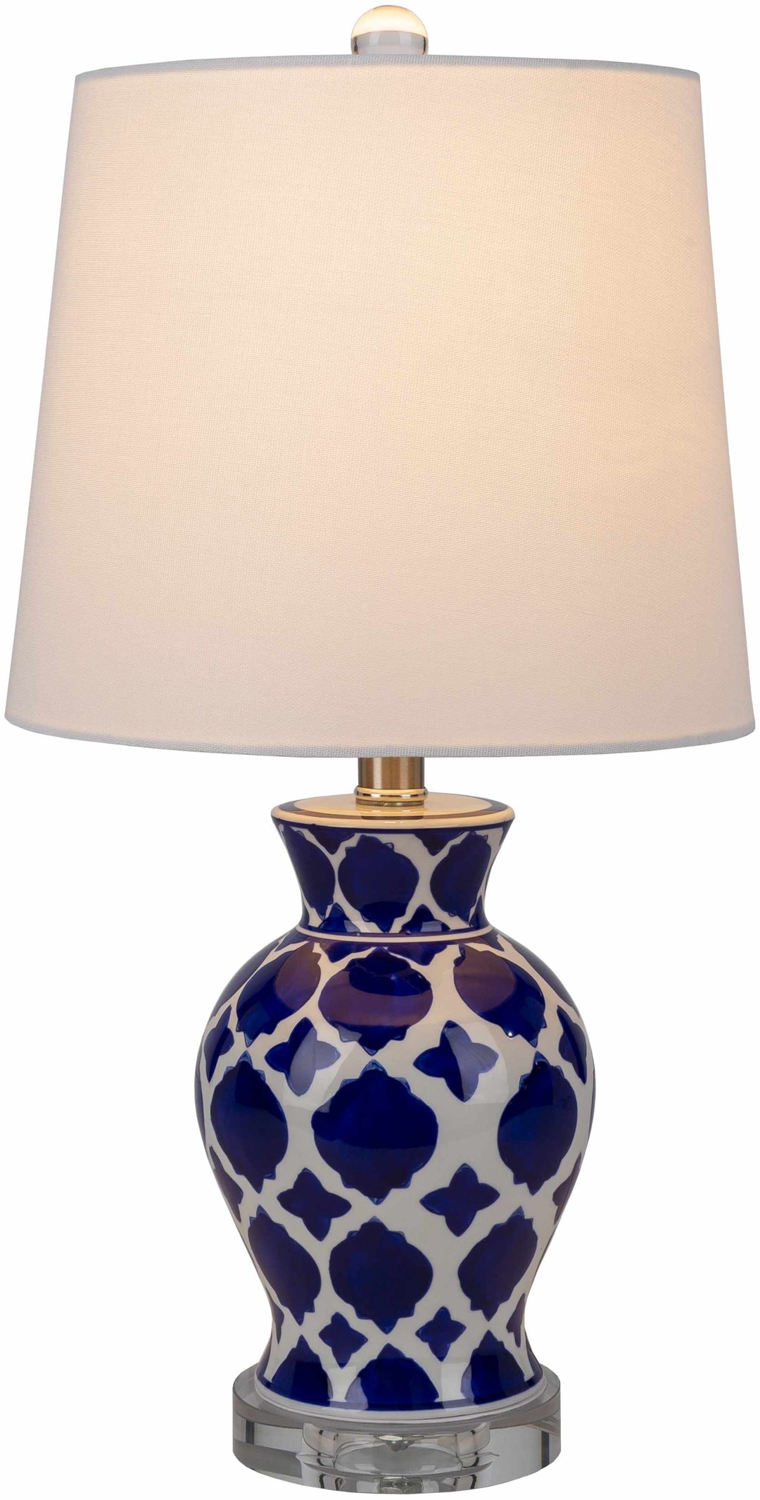 Table lamp with blue and white patterned base and beige lampshade on a white background

Pangian White & Blue Patterned Ceramic Table Lamp