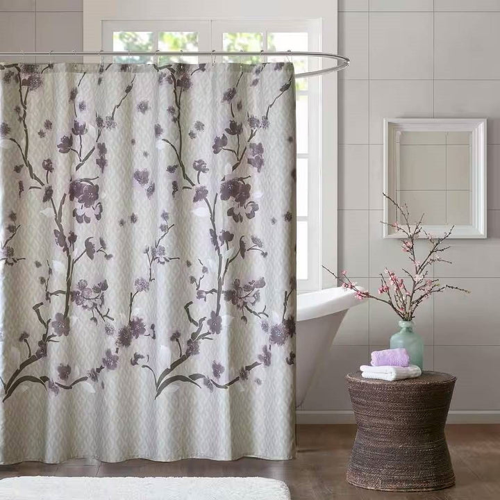 72 x 72 in Cotton Shower Curtain with Purple Grey Beige Floral Blossom