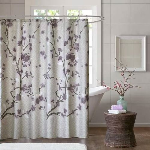 72 x 72 in Cotton Shower Curtain with Purple Grey Beige Floral Blossom