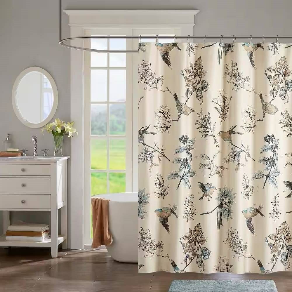 72-inch Beige Khaki Cotton Shower Curtain with Vintage Birds Leaf