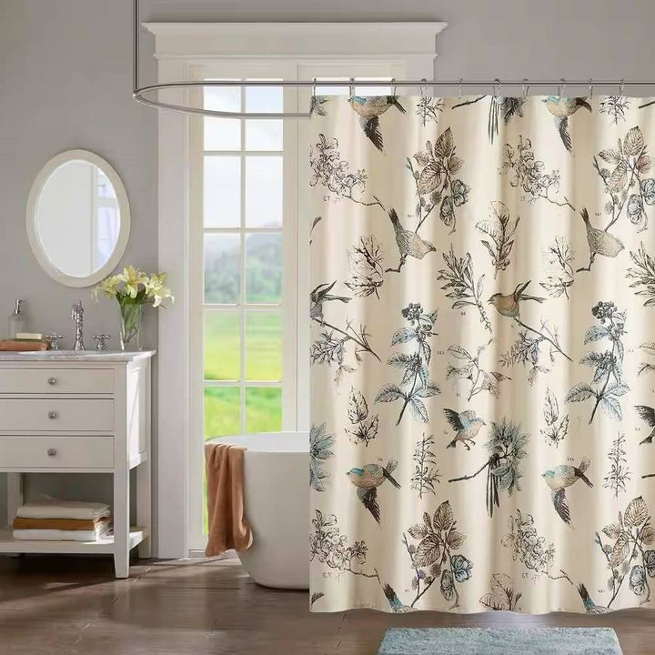 72-inch Beige Khaki Cotton Shower Curtain with Vintage Birds Leaf