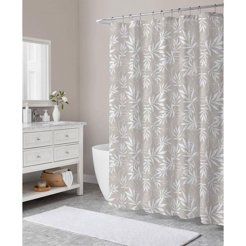 72-inch Polyester Fabric Shower Curtain with Taupe Gray White Leaves