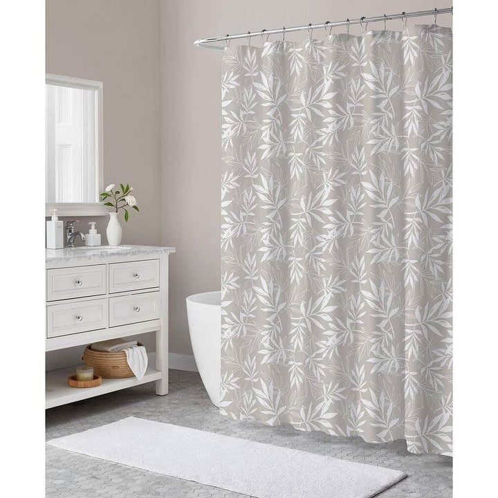 72-inch Polyester Fabric Shower Curtain with Taupe Gray White Leaves