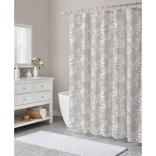 72-inch Polyester Fabric Shower Curtain with Taupe Gray White Leaves