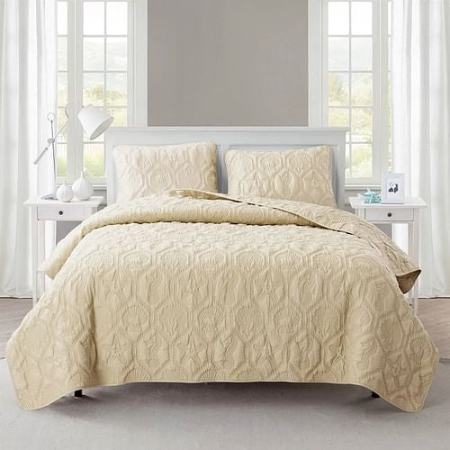 Queen Coastal Beach Starfish Seashells Seahorse Sand Tan 3-Piece Quilt