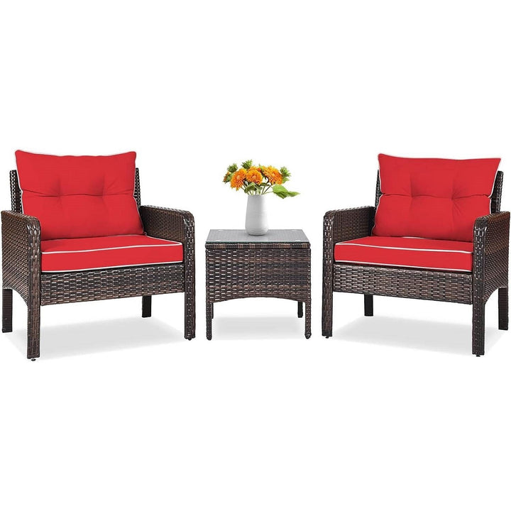 3-Piece Brown PE Rattan Outdoor Dining Patio Furniture Set with Red