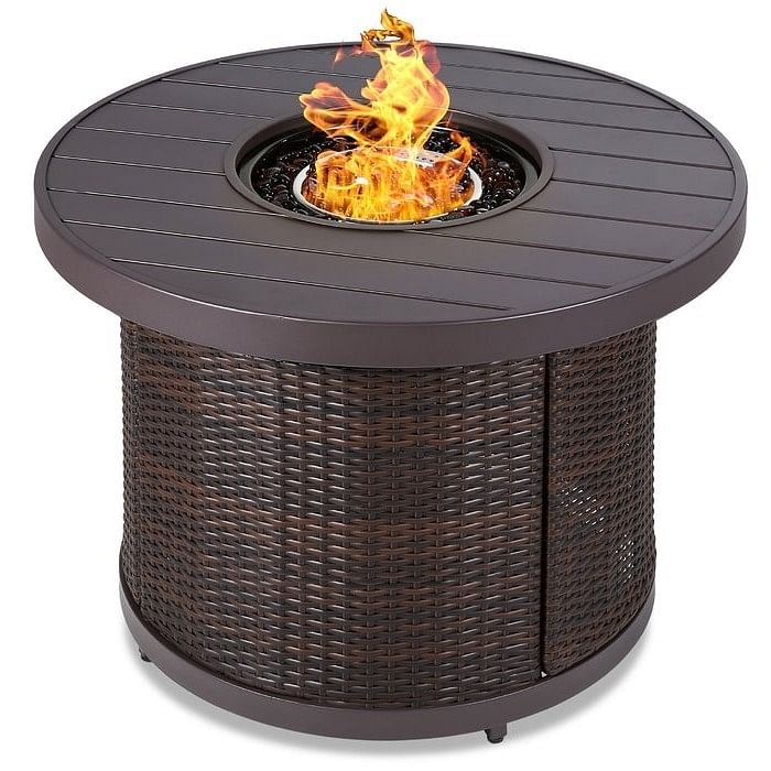 50,000 BTU Brown Wicker Round LP Gas Propane Fire Pit w/ Faux Wood