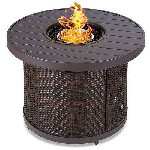 50,000 BTU Brown Wicker Round LP Gas Propane Fire Pit w/ Faux Wood