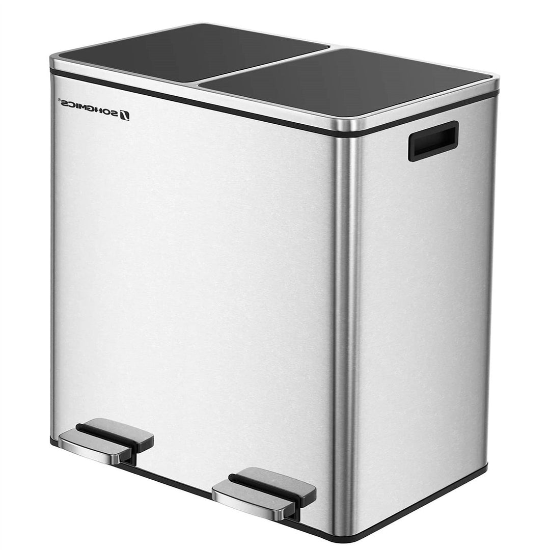 Dual Stainless Steel 16-Gallon Trash Can Recycle Bin with 2 Step on
