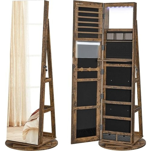 Rustic Brown Wood Jewelry Cabinet Armoire Organizer Freestanding