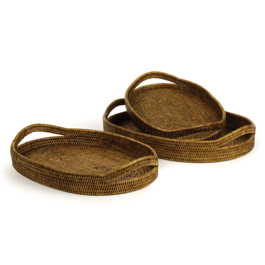 BURMA RATTAN OVAL SERVING TRAYS, SET OF 3 - Warm Brown