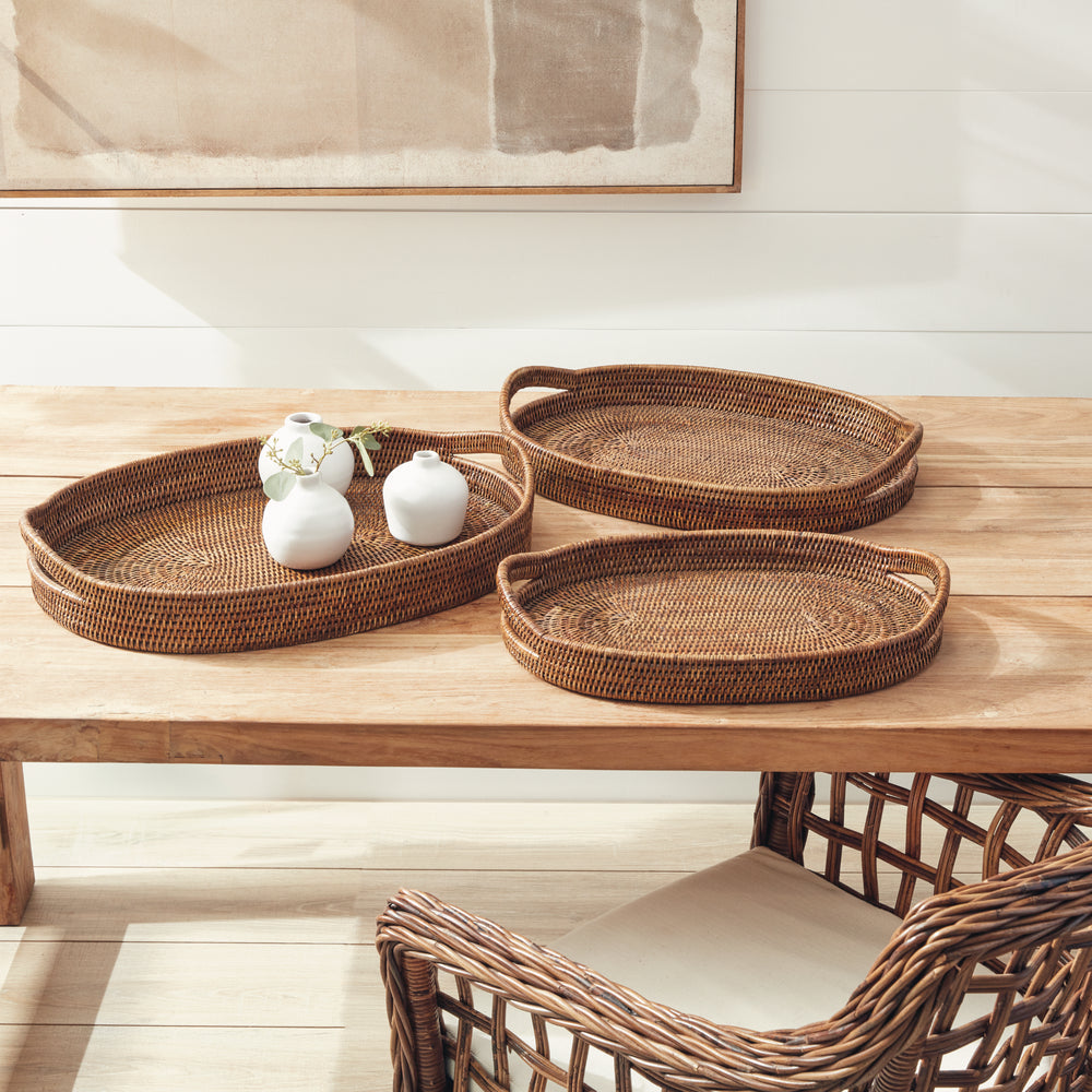 BURMA RATTAN OVAL SERVING TRAYS, SET OF 3 - Warm Brown