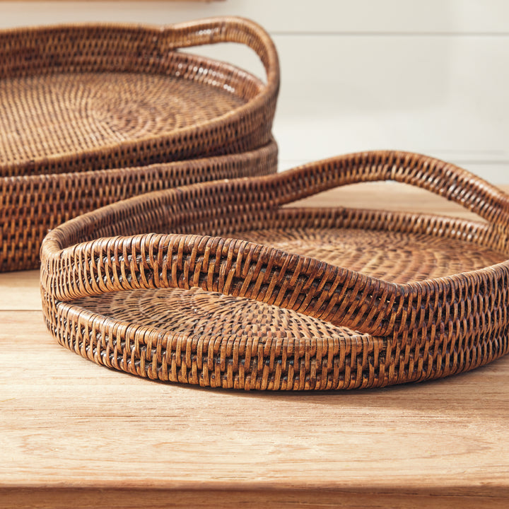 BURMA RATTAN OVAL SERVING TRAYS, SET OF 3 - Warm Brown