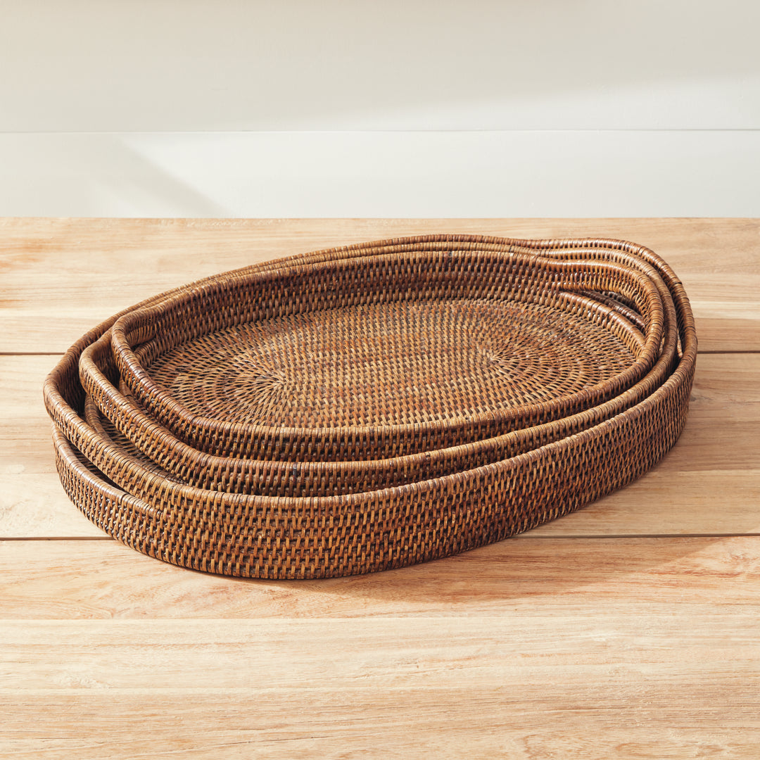 BURMA RATTAN OVAL SERVING TRAYS, SET OF 3 - Warm Brown