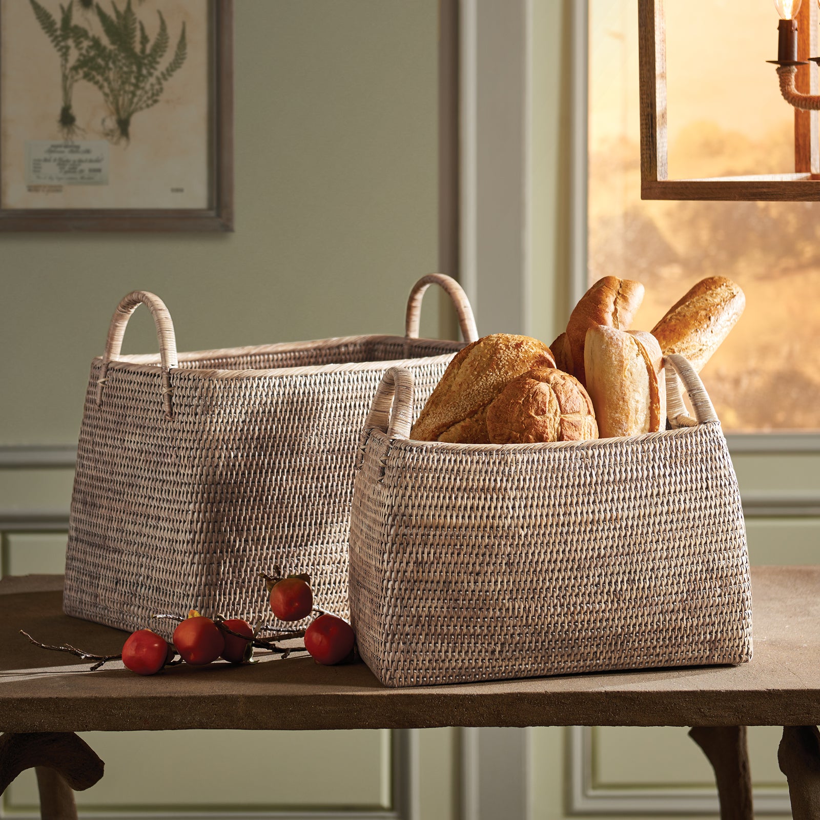 BURMA RATTAN NARROW MAGAZINE BASKETS, SET OF 2 - Whitewash