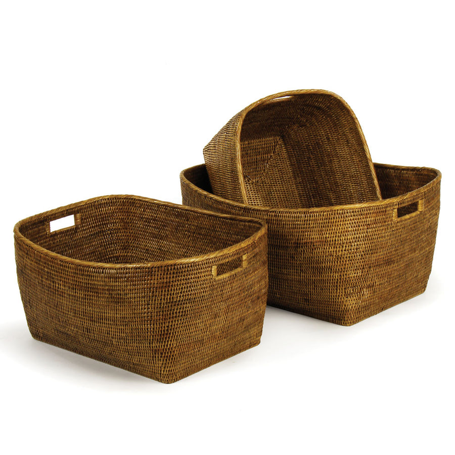 BURMA RATTAN FAMILY BASKETS WITH HANDLES, SET OF 3 - Warm Brown