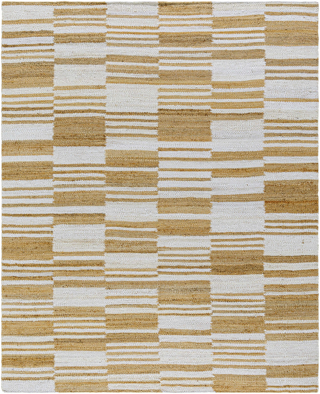 Patterned rug with brown and beige stripes on a white background