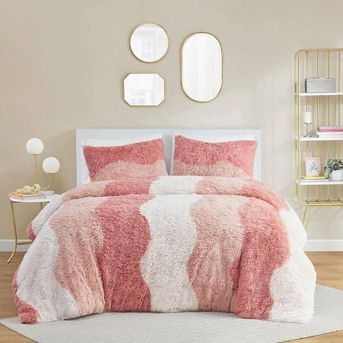 Twin/Twin XL Pink Blush White Reversible Soft Sherpa Faux Fur 2-PC