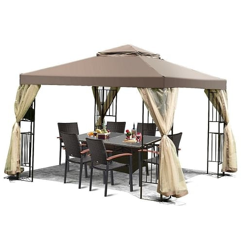 10 x 10 Ft Outdoor Patio Gazebo with Taupe Brown Canopy and Mesh