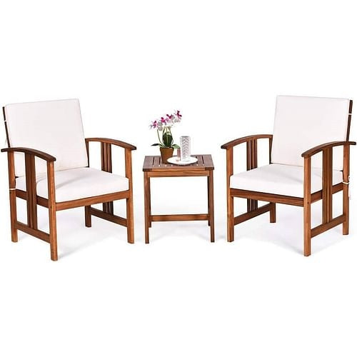 3-Piece Solid Wood Outdoor Patio Furniture Table Chairs Set with White