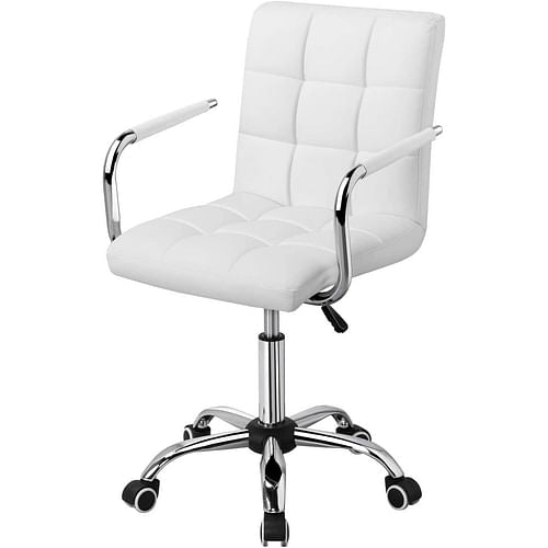 White Modern Faux Leather Mid-Back Swivel Office Chair with Armrests