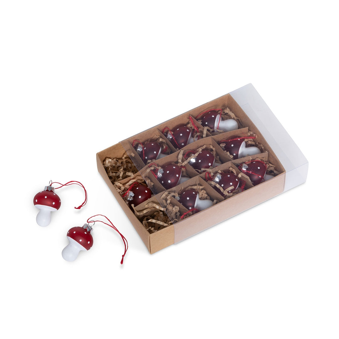 Polka Dot Mini Mushroom Glass Ornaments, Boxed Set of 12