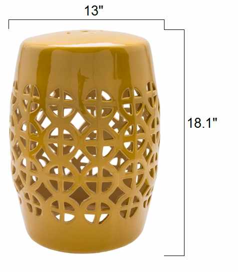 Yellow ceramic stool with geometric pattern and dimensions on a white background

Yellow Ceramic Side Table