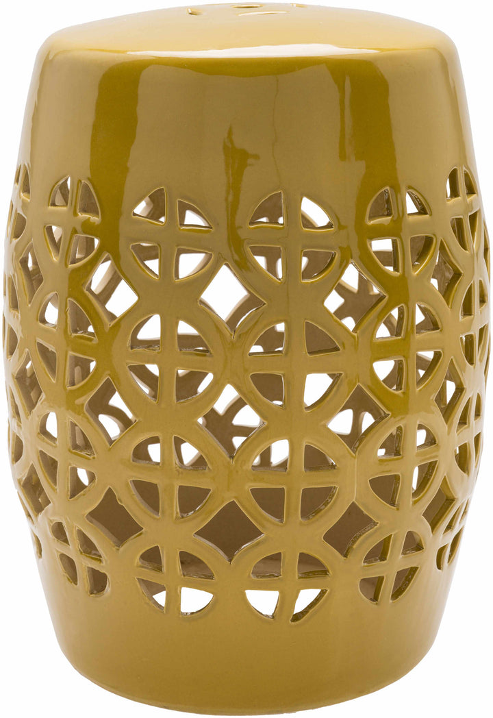 Yellow ceramic stool with intricate lattice design on a white background

Yellow Ceramic Side Table