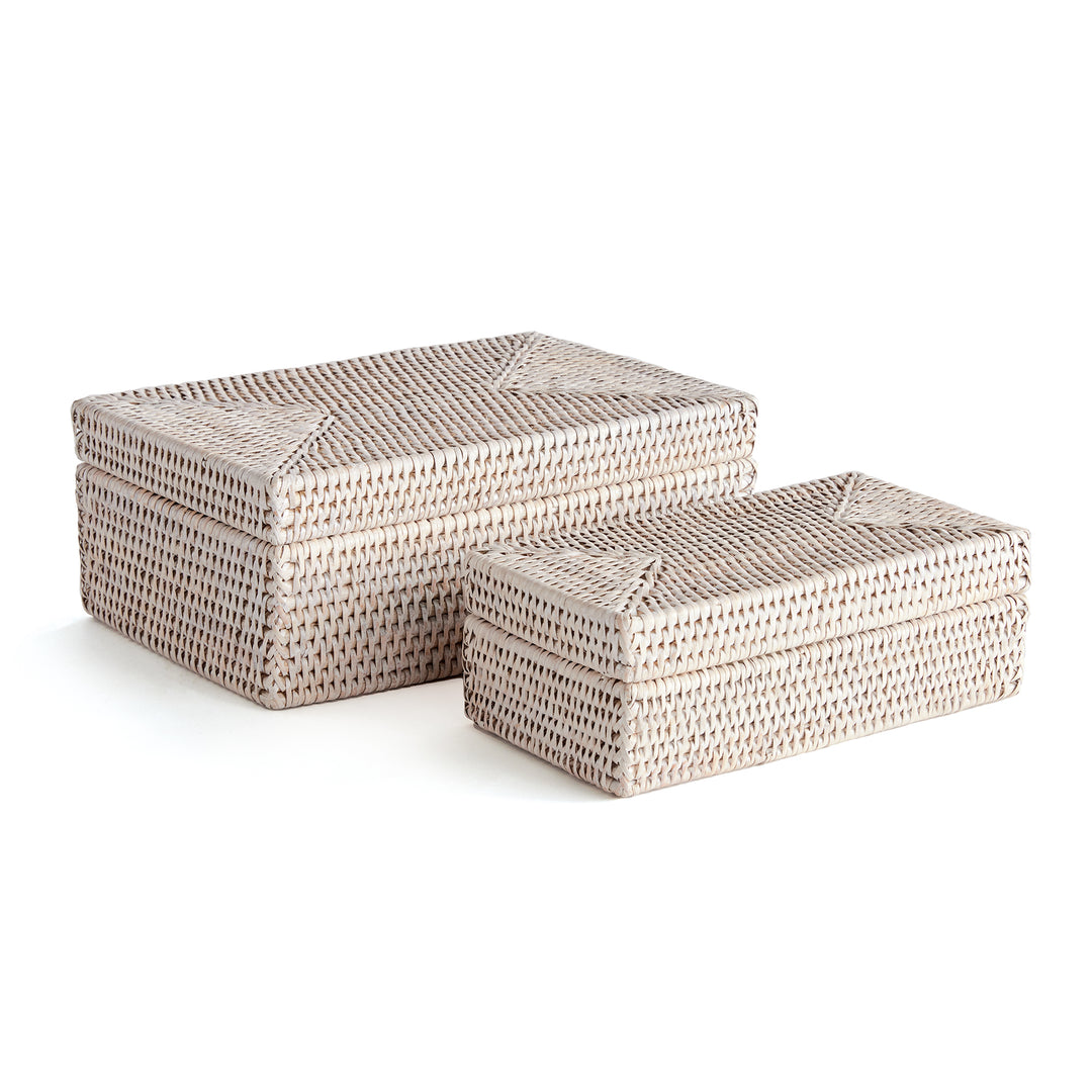 Burma Rattan Rectangular Lidded Boxes, Set Of 2, White