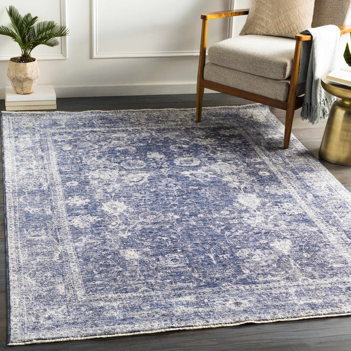 Blue and white patterned rug in a living room setting with a chair and plant.

Eastham Luxe Area Rug