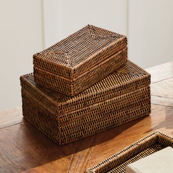 Burma Rattan Rectangular Lidded Boxes, Set Of 2, Brown