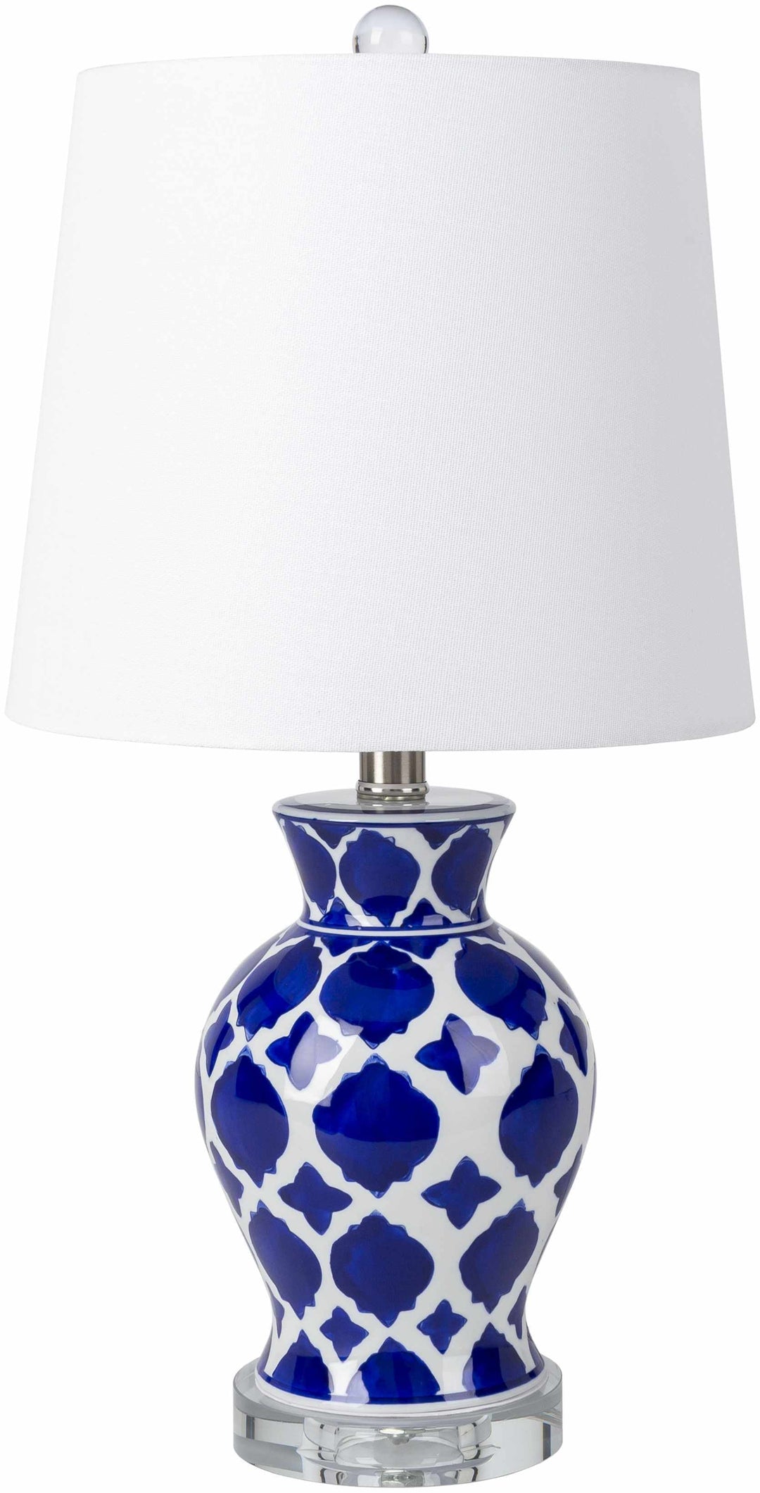Table lamp with blue and white patterned base and white shade on a white background

Pangian White & Blue Patterned Ceramic Table Lamp