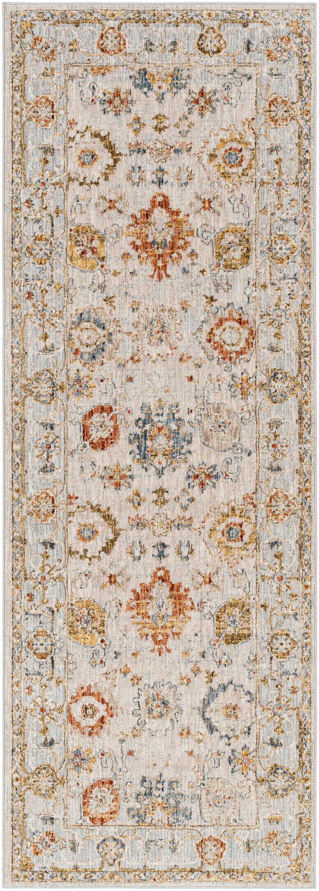 Decorative rug with floral patterns in beige, orange, and blue on a white background

Mogul Luxe Oushak Rug