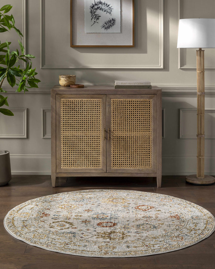 Wooden cabinet with rattan doors in a room with a round patterned rug, plant, and lamp.

Mogul Luxe Oushak Rug