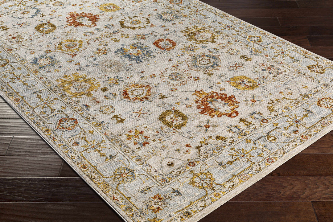 Decorative rug with floral pattern on a wooden floor

Mogul Luxe Oushak Rug
