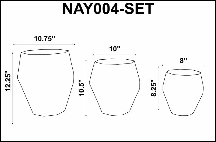 Dimensions of three cylindrical pots labeled NAY004-SET on a white background.

Mulauin Triditional Glass Decorative Accent