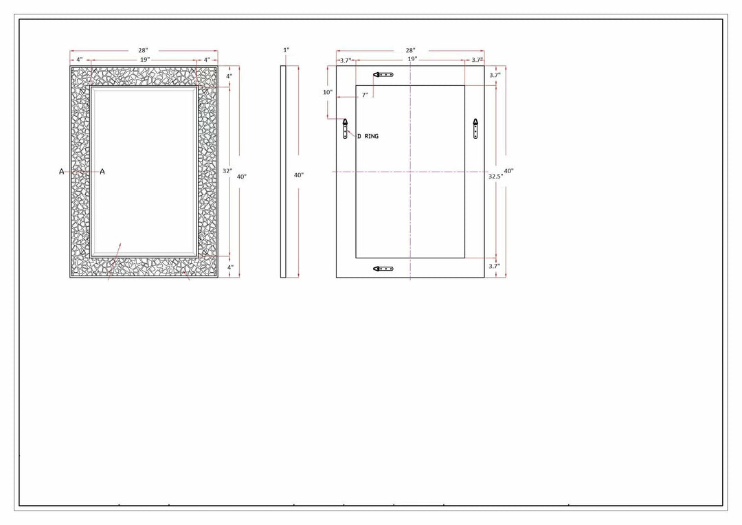 Technical drawing of a rectangular frame with dimensions and details on a white background

Nicolet Marble Mirror