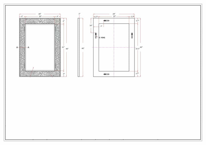 Technical drawing of a rectangular frame with dimensions and details on a white background

Nicolet Marble Mirror