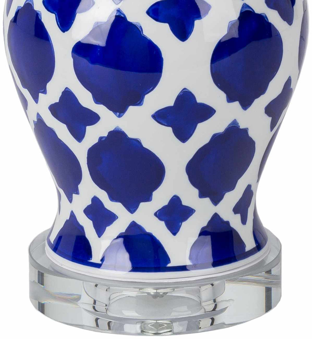 Decorative lamp with blue geometric pattern on a white background

Pangian White & Blue Patterned Ceramic Table Lamp