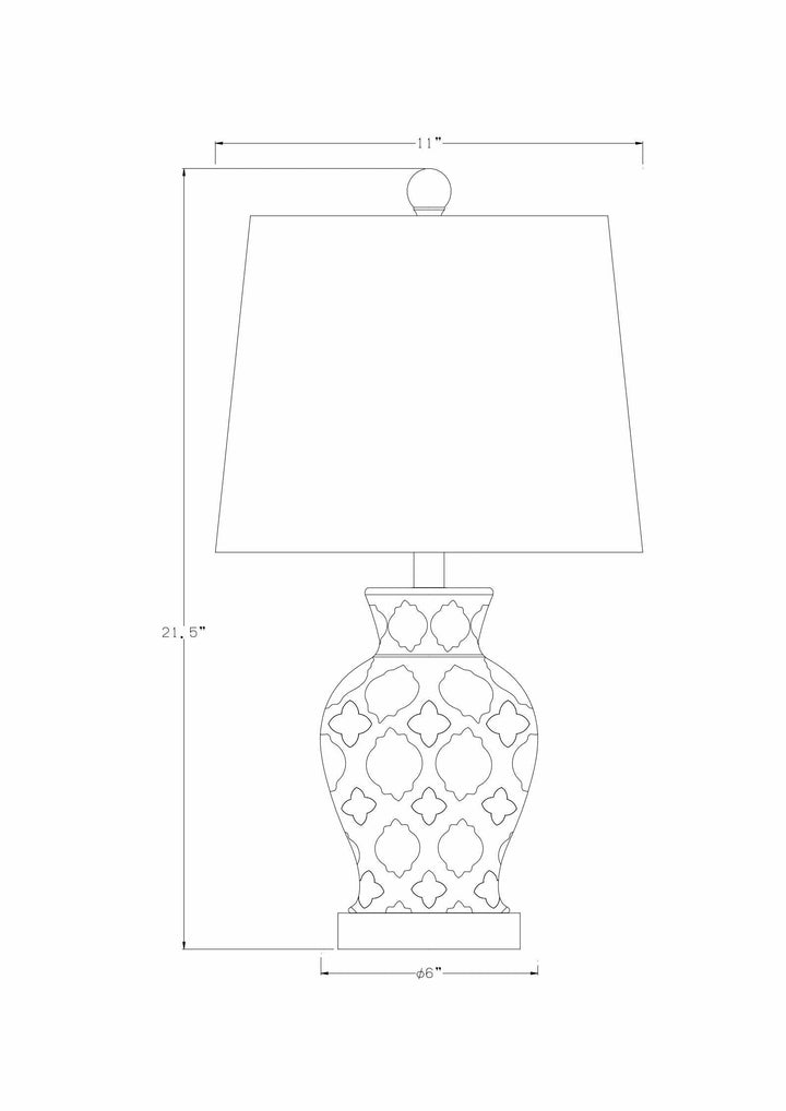 Line drawing of a decorative lamp with measurements on a white background

Pangian White & Blue Patterned Ceramic Table Lamp