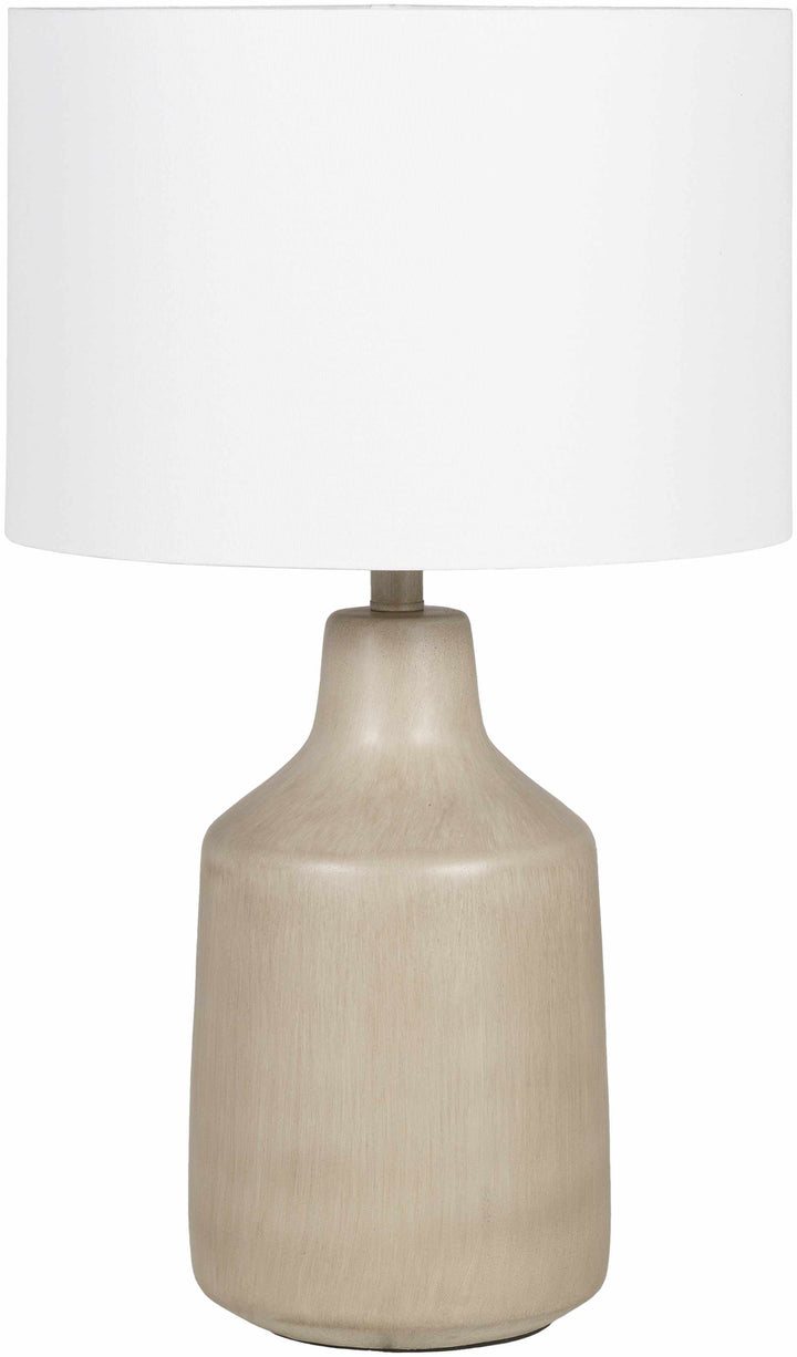 Beige ceramic table lamp with a white shade on a white background

Quezon Beige Resin Table Lamp