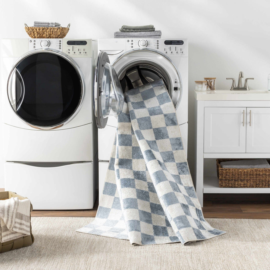Brone Blue Checkered Washable Rug