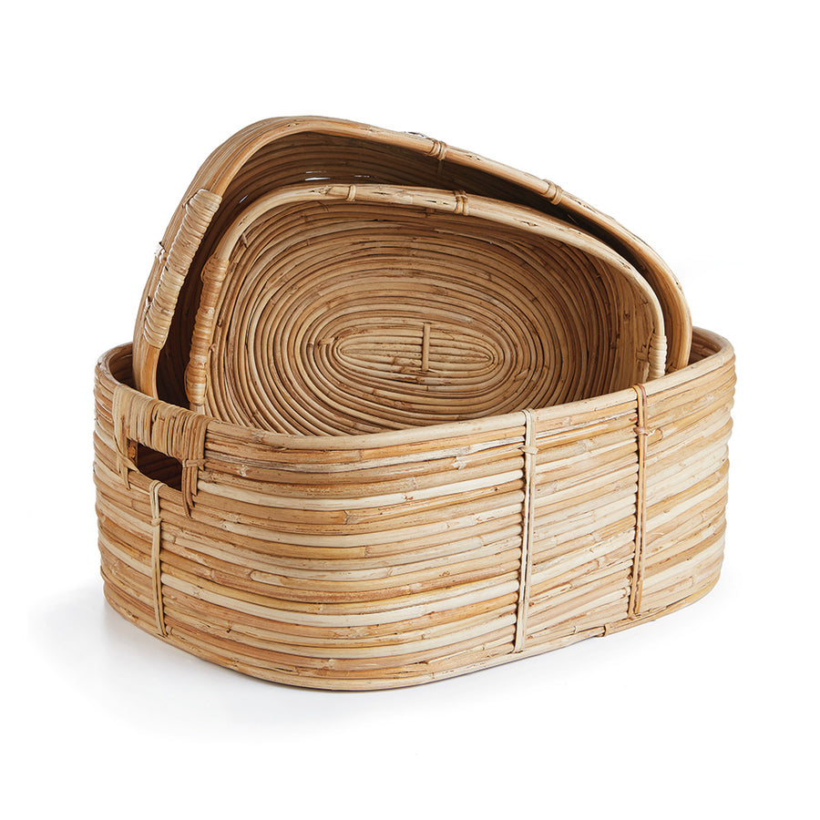 Cane Rattan Rectangular Baskets With Handles, Set Of 3