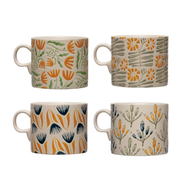 18 oz. Hand-Painted Stoneware Mug w/ Wax Relief Flowers, 4 Styles