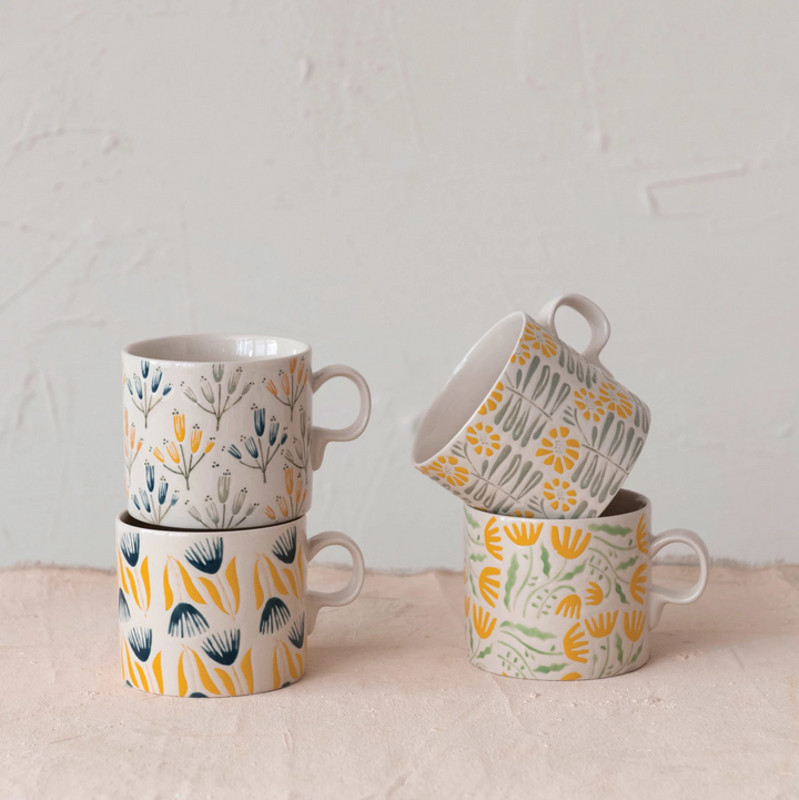 18 oz. Hand-Painted Stoneware Mug w/ Wax Relief Flowers, 4 Styles